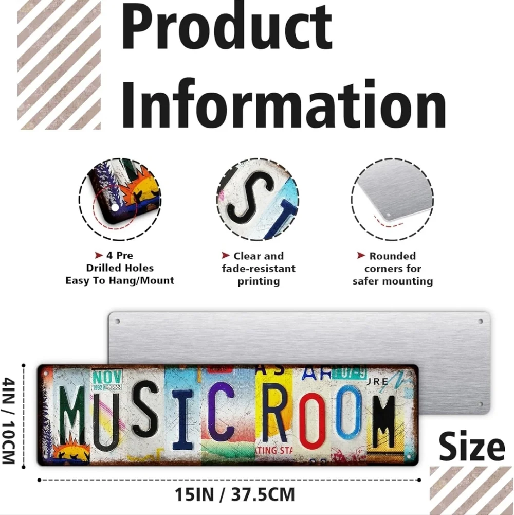 Vintage Style 'Music Room' Metal Wall Sign - Multicolor